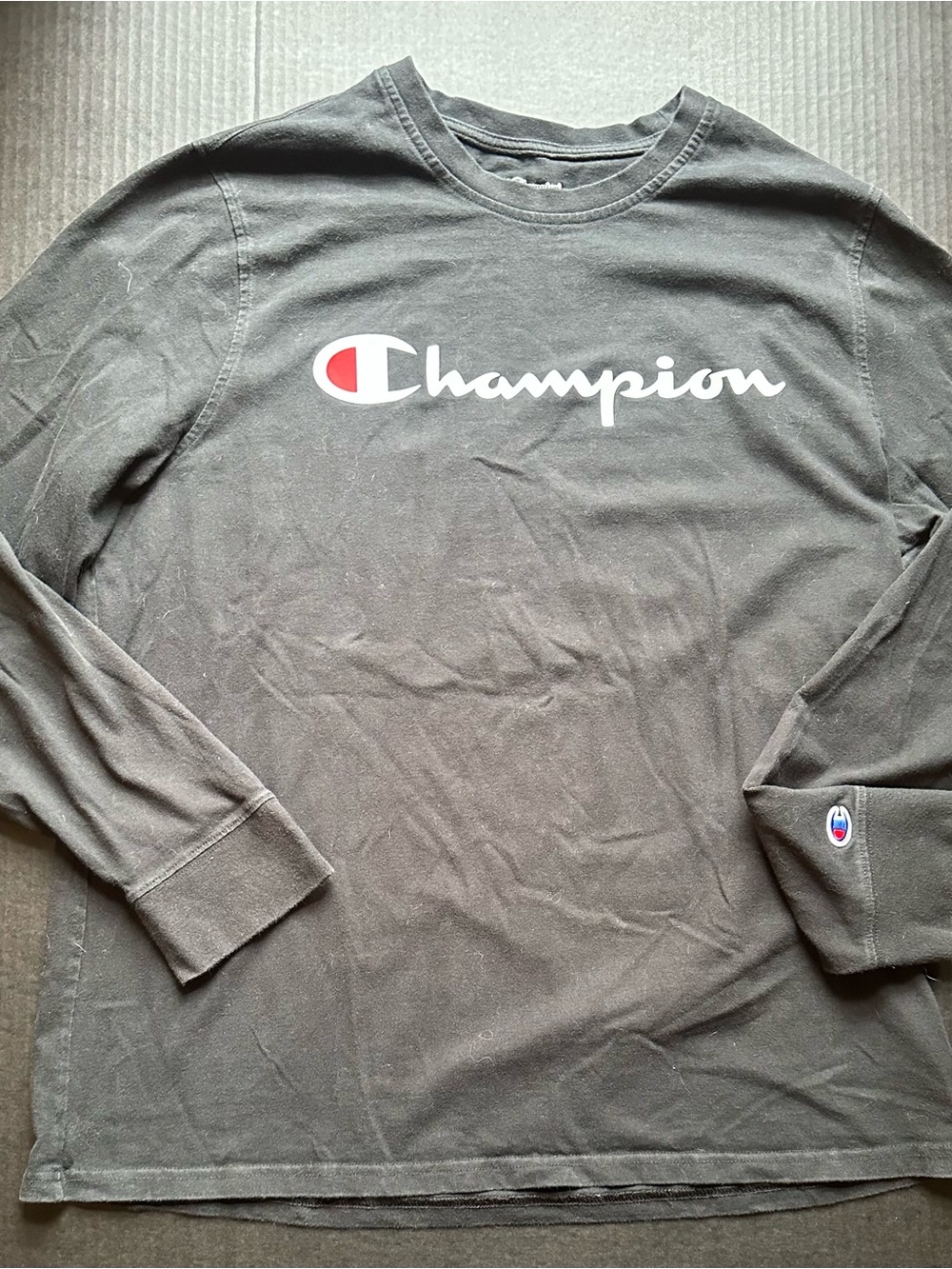 Champion Long Sleeve Logo Tee — Black with White & Red Accent